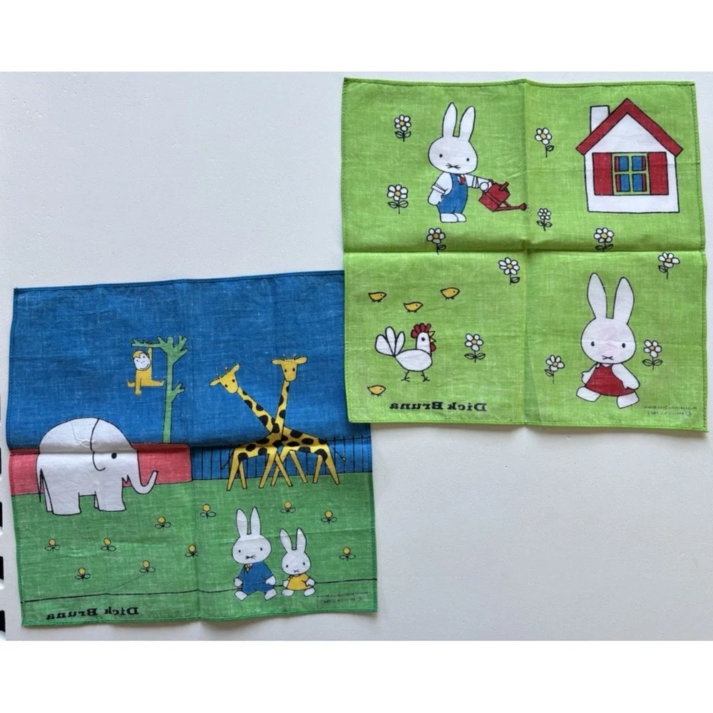 Vintage 1963 MIFFY DICK BRUNA Napkins Handkerchiefs, set of 2 Japanese Cotton